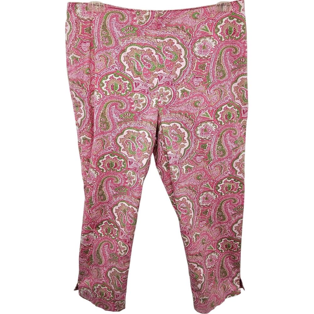 Talbots Vintage Pink Green Paisley Slit Cuff Stretch‎ Capri Pants